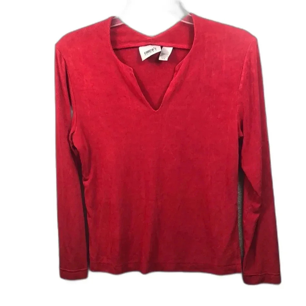 Chico's‎ Red Long Sleeve Top V Neck Knit Blouse Career Casual
